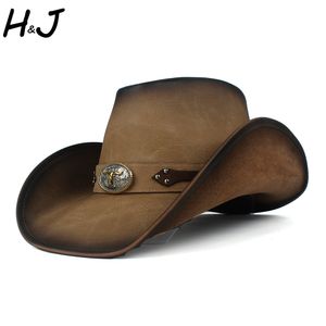 Breda randen hattar hink män 100 läder västerländsk cowboy hatt för gentleman pappa sombrero hombre jazz mössor storlek 5859 cm med tjurband 230830