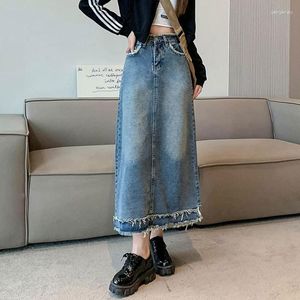 Skirts High Waist A Line Trimmings Denim Skirt Women's Clothing Half Length Ins Casual Vintage Wrapped Hip Straight Pocket