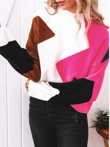 Kadınların Sweaters Örmece Beltlenek Kazak Büyük Boy Colorblock Pullover Uzun Kollu Sıradan Örgü Patchwork Gevşek Yumuşak Bayanlar