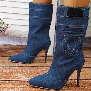 Novas botas de salto fino cavaleiro moda feminina ocidental denim manga longa apontou 230830