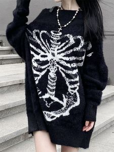 Kadın Sweaters Qweek Gotik Harajuku Kafatası Womne Sakulakları Y2K Goth Punk Örme Siyah Uzun Kollu Üstler Sonbahar Örgü Serin Kız 230830