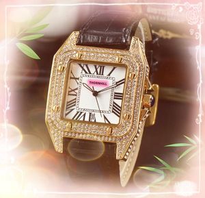 Luxury Square Roman Tank Dial Watches Women Men Diamonds Ring Case Clock äkta läder kvarts batteri Super Business Montre de Luxe Gifts Wristwatch