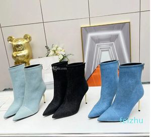 Denim Ankel Zip-stövlar pekade Toe Stiletto-klackar Booties Tryckt läder Sole Women 'Luxury Designer Chelsea Boot Factory Skoskor Storlek 35-42 med låda