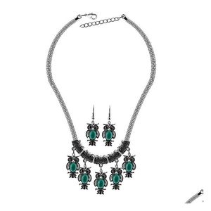 Ohrringe Halskette Mode Damen Schmuck Sets Vintage Eule Türkis Statement Halsketten Set für Frauen Großhandel auf Verkauf Drop Deliver Dh0K2