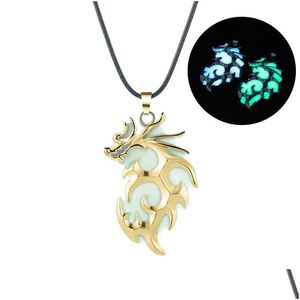 Pendant Necklaces Magic Glowing Flame Dragon Necklace For Men Women Glow In The Dark Leather Rope Chain Luminous Vintage Party Jewelry Dhv6X