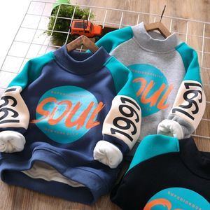 Hoodies moletons meninos velo forrado suéter inverno meia gola alta cor combinando impresso espessamento camisa de fundo infantil 230830