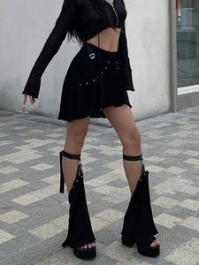 Saias 2023 streetwear y2k saia gótica mulheres harajuku cyber punk cintura alta laço-up emo alternativa grunge perna capa 2 pcs