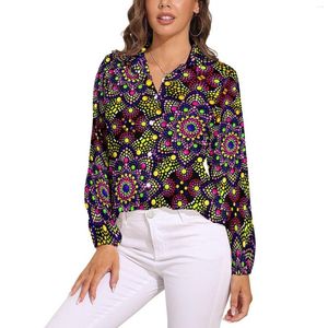 Blusas femininas retro mandala blusa manga longa impressão colorida vintage feminino streetwear camisa de grandes dimensões impresso topo presente ideia