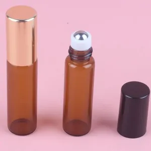 Quatily 1ml 2ml 3ml 5ml 10ml Amber Glass Roll On Bottle Empty Essential Oil Perfume Rollon Tube Metal Roller Ball Bottle gold Lid Travel Portable