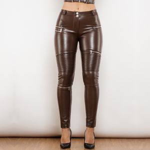 Shascullfites Melody Marrone Pantaloni in ecopelle Pantaloni skinny a vita media Cuciture con cerniera multipla per donna Moto Streetwear