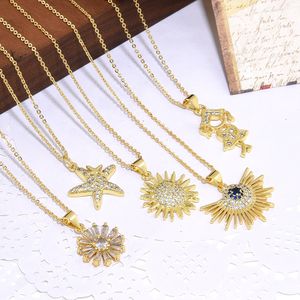 Multiple gold copper studded with diamonds, zircon, starfish, and sunflower pendants, O-shaped necklace, female jewelry, cute girl pendant