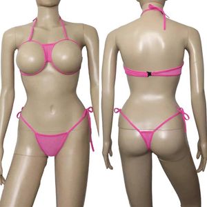 Pink Anime Sexy Women Open Breast Bikini Swimwear Lingerie Set Cupless Bra Top Thong Japanese School Girl Babydoll Underwear255b