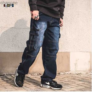 Fashion Mens Biker Jeans Heavy Duty Multi Pockets Japanese Style Loose Fit Plus Size Cargo Denim Pants for Hipster LST230831