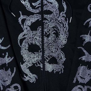 EMO casual sports hooded sweater Y2K fashionable rhinestone loose hooded cardigan top European and American vintage zipper autumn and winter Gothic men's clothing