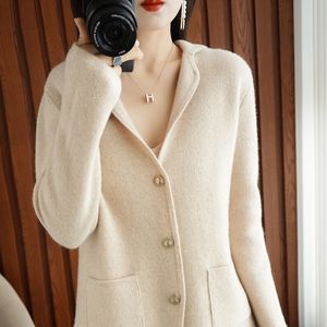 Suéteres femininos outono e inverno 100 lã pura malha cardigan senhoras lapela suéter cor sólida jaqueta de mangas compridas cashmere casual top 230831
