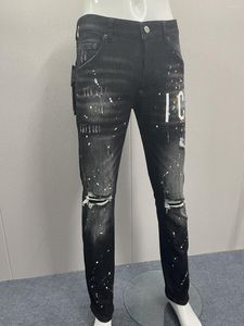 Men's Jeans 2023 Denim Trousers For Men Washed Dark Blue Patched With Holes Slightly Elastic Paint Worn Feet