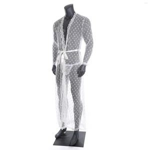 Herren-Nachtwäsche CLEVER-MENMODE Lungewear Herren Sexy Lange Robe Transparente Spitze Strickjacke Bademantel Einteilige Nachtwäsche T-Rücken