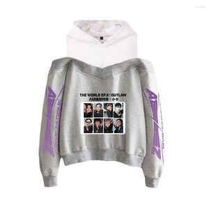 Kvinnors hoodies ateez The World Ep.2 Outlaw Women off-shoulder Sexig Pullover Girl Sweatshirt Casual Autumn Kawaii Hoodie Kpop Streetwear