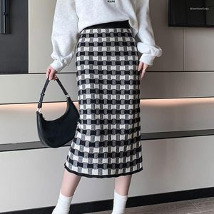 Spódnice Wysoka elastyczna talia Kobiety Plaid dzianin ołówek 2023 Autumn Eleganckie damskie modne bodycon femme