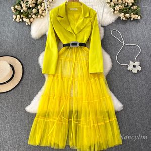 Casual Dresses French Style Sy Stitching Mesh Dress for Women 2023 Summer Business Woman's Clothing Belt Midje Lång ärm Blazer