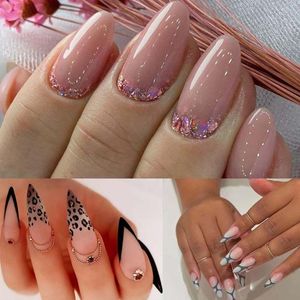 Falsche Nägel, lange Mandel-Maniküre, Französisch, einfach, glitzernd, rosa, zum Aufdrücken, Leopard, abnehmbare gefälschte Nägel, DIY