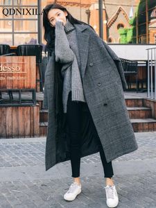 Women's Wool Blends Autumn Winter Women's Coat Plaid Tweed Wool Warm Long Jackets Female Overcoat Korean Fashion Outerwear Trench Coat Clothes 230830