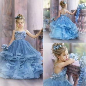 Flickaklänningar Blue Flower Girls Dress Exquisite A-Line Sleeveless Sweetheart golvlängd tävling för åldern 1-14