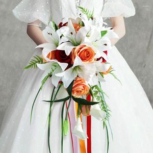 Decorative Flowers Wedding Bouquet For Bride Orange Roses Lily Bridal Waterfall Holding Flower Artificial