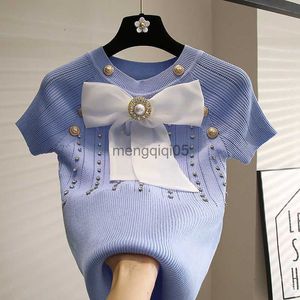 Women's Sweaters Big Bow Tie Knitted T-shirt Women Chic Pearl Knitwear Short Sleeve Top Elastic Sweater Stripe Hollow Out Button Tee H226 HKD230831