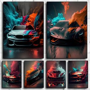 Dipinto su tela Gran Turismo Fumo colorato Auto sportiva Poster Futuristico Auto famose Stampa artistica Casa Soggiorno Uomo Camera da letto Decor Wall Art Immagine Senza cornice Wo6