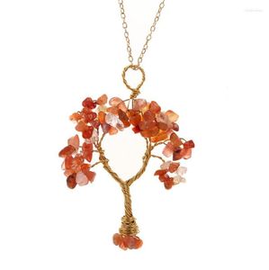 Colares Pingente FYJS Único Luz Amarelo Cor de Ouro Fio Envoltório Árvore da Vida Carnelian Fluorite Pedra Colar Link Chain Jóias