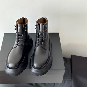 최고 품질의 가죽 블랙 플랫폼 첼시 발목 부츠 패션 Cowskin Luxury Designer Booties 여성 레이스 업 짧은 작업 전투용 부츠