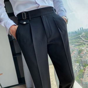 Mens pantolon İngiliz tarzı katı yüksek bel takım elbise pantolon erkekler iş resmi aşınma pantolon kalite ince gündelik ofis 230830