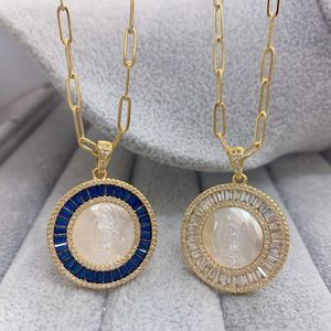 Pendant Necklaces Blessing Round Virgin Guadalupe Pendant Necklace Colored Zircon Natural Shell Jewelry Necklaces for Women 230831