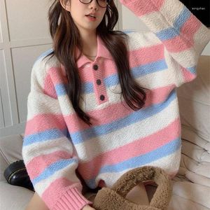 Women's Sweaters Pink Stripe Sweet Sweater Woman Loose Soft Japanese Polo Neck Button Long Sleeve Knit Pullover Harajuku Winter Purple