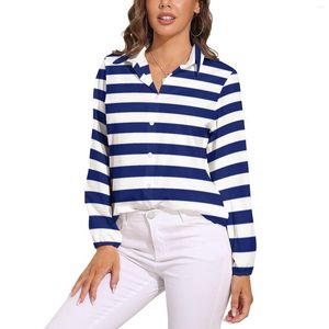 Women's Blouses Retro Nautical Blouse Navy Blue And White Stripe Pretty Custom Women Fashion Shirt Autumn Long Sleeve Oversized Tops