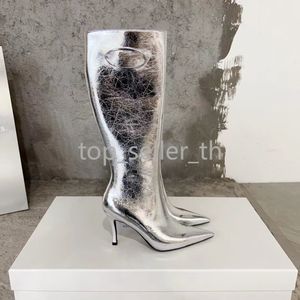 Knähöga stövlar designer skor kvinna dör l runway d-venus boot patent läder silver ankel stövlar mode lyx mitt häl sko