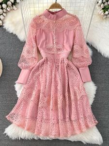 Sıradan Elbiseler Sonbahar Vintage Kadınlar Pembe/Beyaz Dantel Parti Elbise Zarif Stand Yakası Fener Uzun Kollu diz boyu vestidos kadın