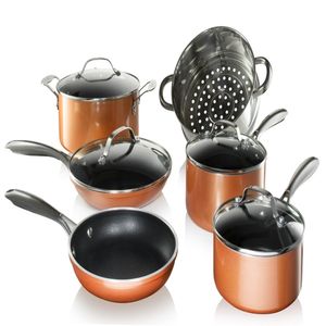 Copper Cast Pots and Pans Set, 10 Piece Cookware with Nonstick Diamond Surface, Includes Frying Pans, Stock Pots, Saucepans More, Oven D