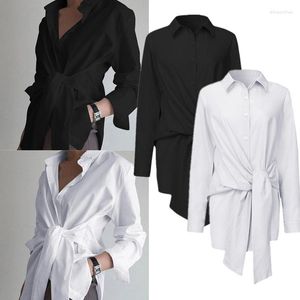 Kvinnors blusar Stylish spetsar upp Asymmetriska blus 2023 Casual Long Sleeve Chemise Female Button Work Blusa Tunika