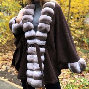 Women's Fur & Faux Women Sweater With Rex Trim Mid-Length Cardigan Poncho 2023 Autumn Fashion Bat Type Coat