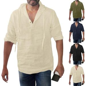 Męskie koszulki T-shirt workowate bawełniane lniane solidne guziki T-shirty plus długie rękawowe topy z kapturem 2023 Męskie koszulę Męskie ubrania #y