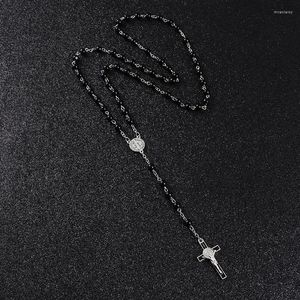 Pendant Necklaces KOMi 5mm Glass Beads Handmade Cross Necklace Long Tassel Rosary Religious Catholic Jesus Jewelry Gift R-165