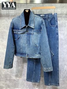 Men STRINDSuits Vintage Men Safari Style Duas peças Conjunto de jeans jeans retos combinando casual outono cowboy roupas de rua 230228