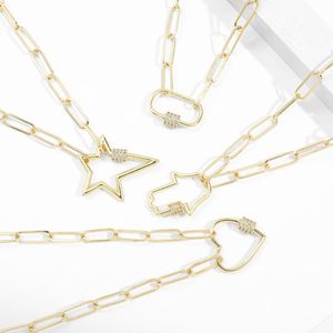 Pendanthalsband Trendiga ihåliga guldhandhjärthalsband för kvinnor CZ Copper Lock Hook Spiral Clasps Punk Chunky Chain Jewelrypendant