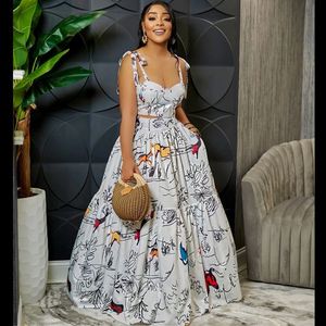 Two Piece Dress CMYAYA Graffiti Print Women Big Swing Cape Ball Gown Maxi Long Skirt Suit and Crop Top Matching Two 2 Piece Set Chic Outfits 230228