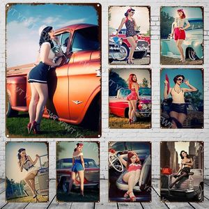 Metal Painting Vintage Sexy Beauty Racing Sports Car Bar Pub Decor Placa Vintage Tin Sign Retro Metal Sign Decoração de parede decorativa 30x20cm W03