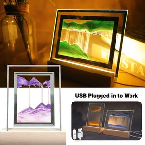 Oggetti decorativi Figurine LED Quicksand Painting Clessidra Art Unique Sand Night Light Decorazione camera da letto Lampada da tavolo in vetro 230228