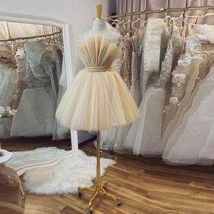 Party Dresses Champagne Fluffy Short Strapless Sleeveless Pleated Tulle Ball Gown Women Mini Cocktail Evening Gowns Custom Made