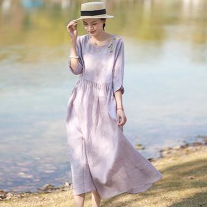Lässige Kleider bestickter Sommer Baumwollwäsche Kleid Frauen 2023 Retro O Hals Plissee koreanische Version Loose Swing Robe